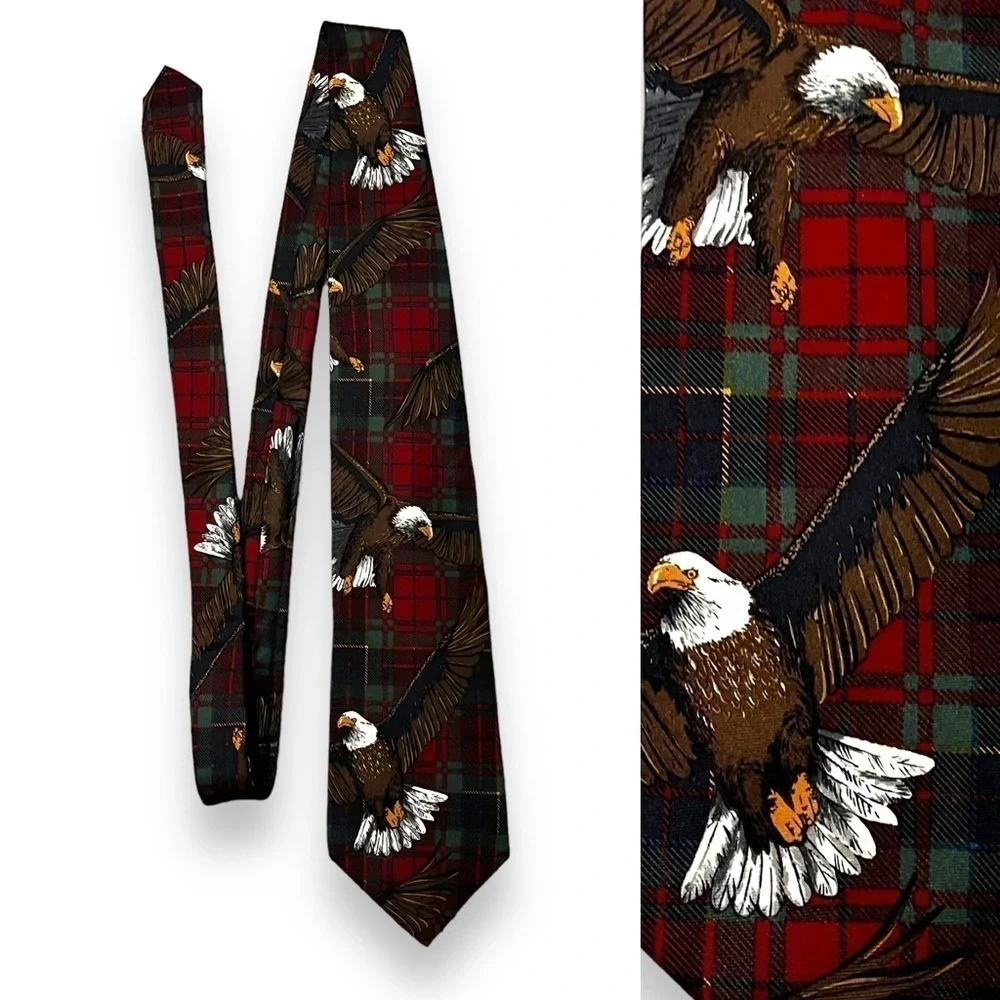 VTG Silk Tie Bald Eagle Novelty Print Red Green Plaid Background USA Patriotic